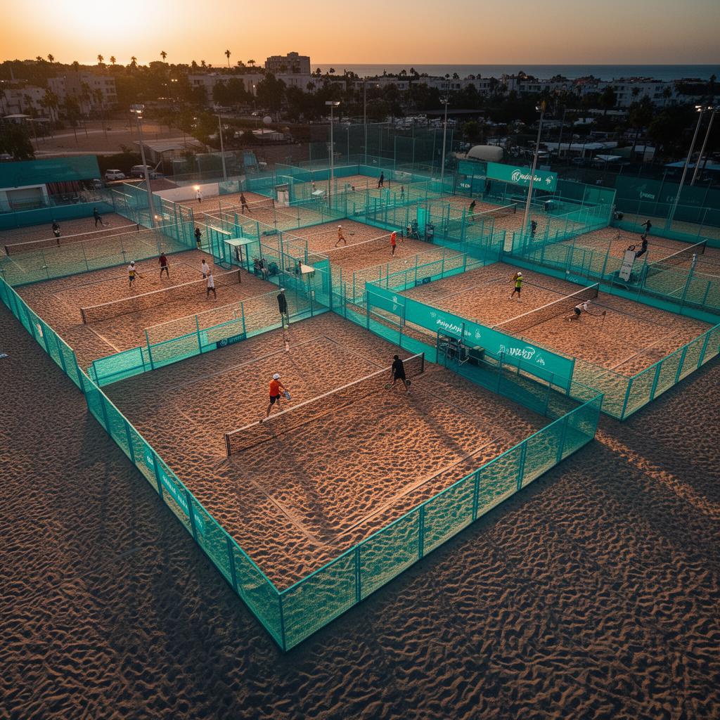 Vista aérea de uma arena com várias quadras de beach tennis e padel