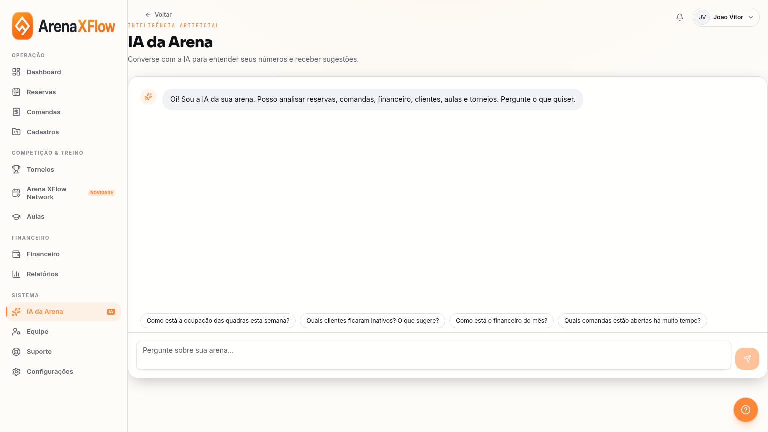 Tela da IA da Arena do ArenaXFlow com insights diários e chat com a inteligência artificial sobre dados da operação