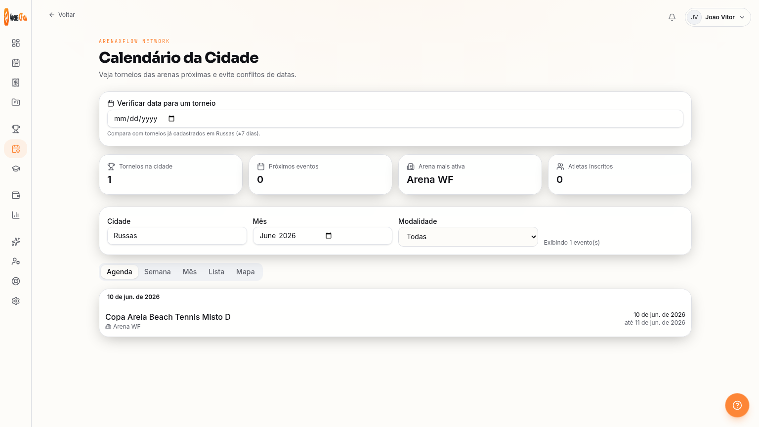 Tela Calendário da Cidade do ArenaXFlow mostrando torneios das arenas próximas para evitar conflitos de datas