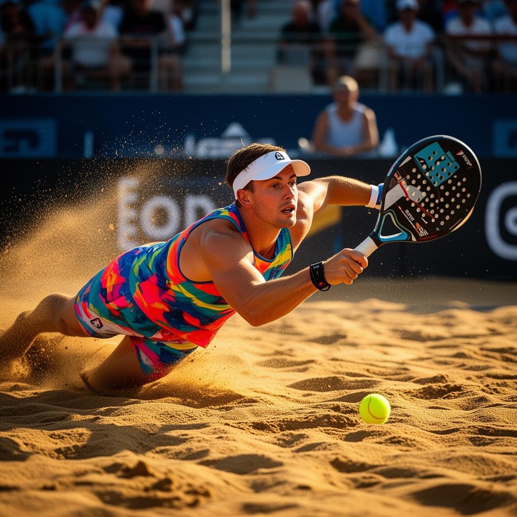 Jogador de beach tennis se jogando na areia para devolver a bola